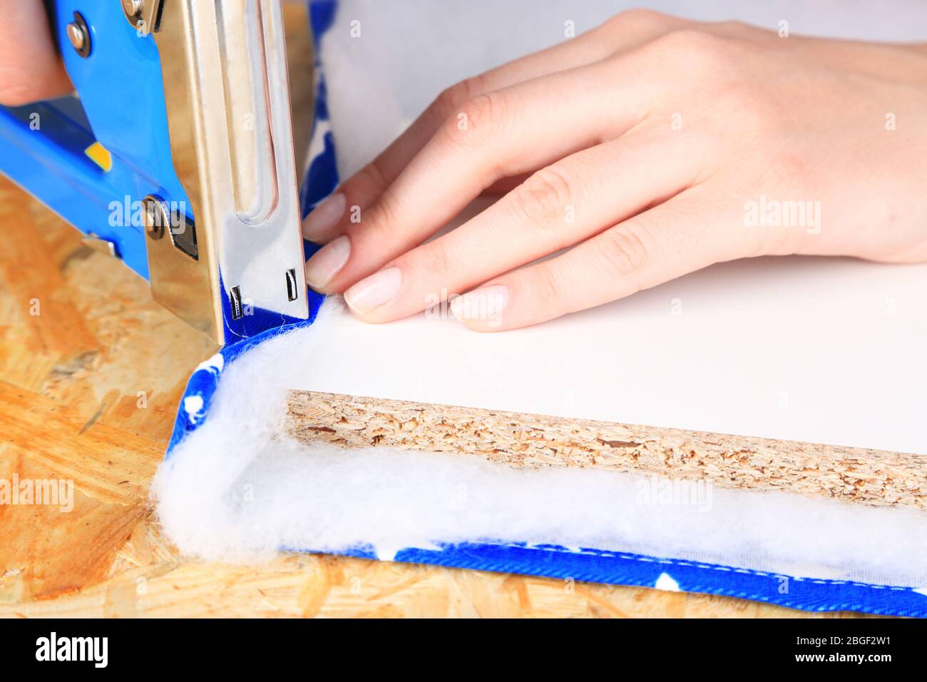 Fastening fabric and board using construction stapler Stock Photo