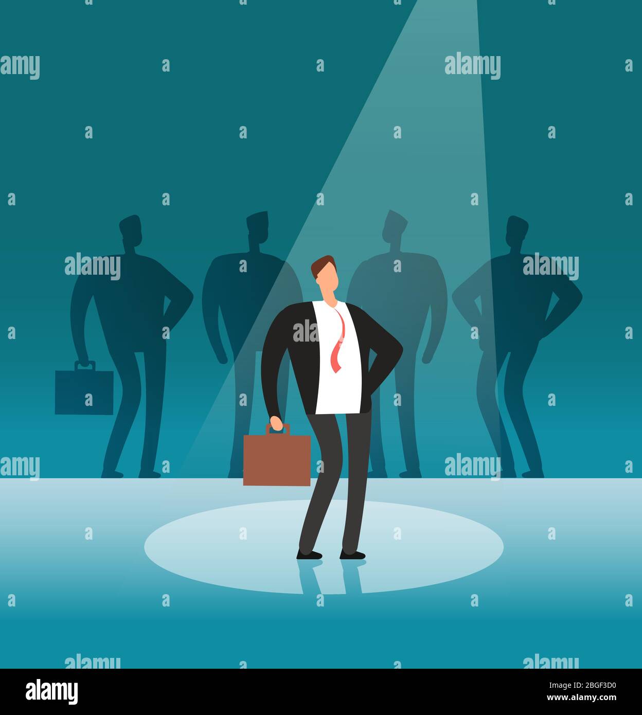 Unique businessman standing in searchlight. Stand out by employer, career and recruitment vector concept. Illustration of business recruitment, job hiring Stock Vector