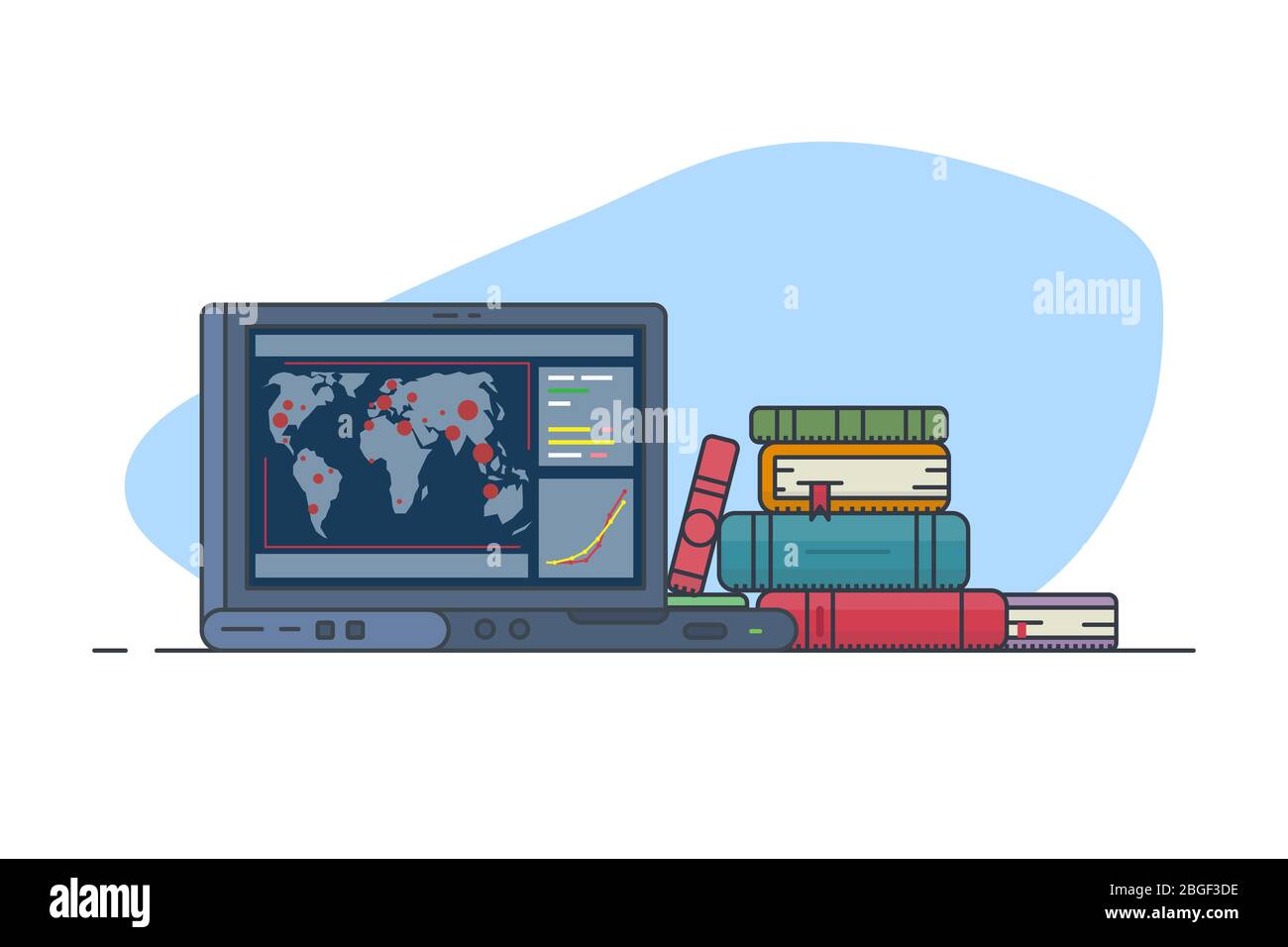 Laptop with online web site with online pandemic monitoring. Flat style line vector. Pile of books and magazines, notebook. Medical education, searchi Stock Vector