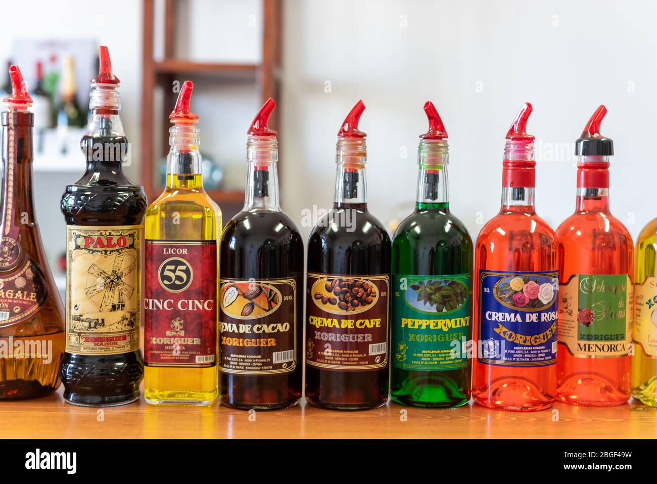 Menorca, Spain - October 16, 2019: A wide selection of liqueurs and gin in the Xoriguer Menorca distillery Stock Photo