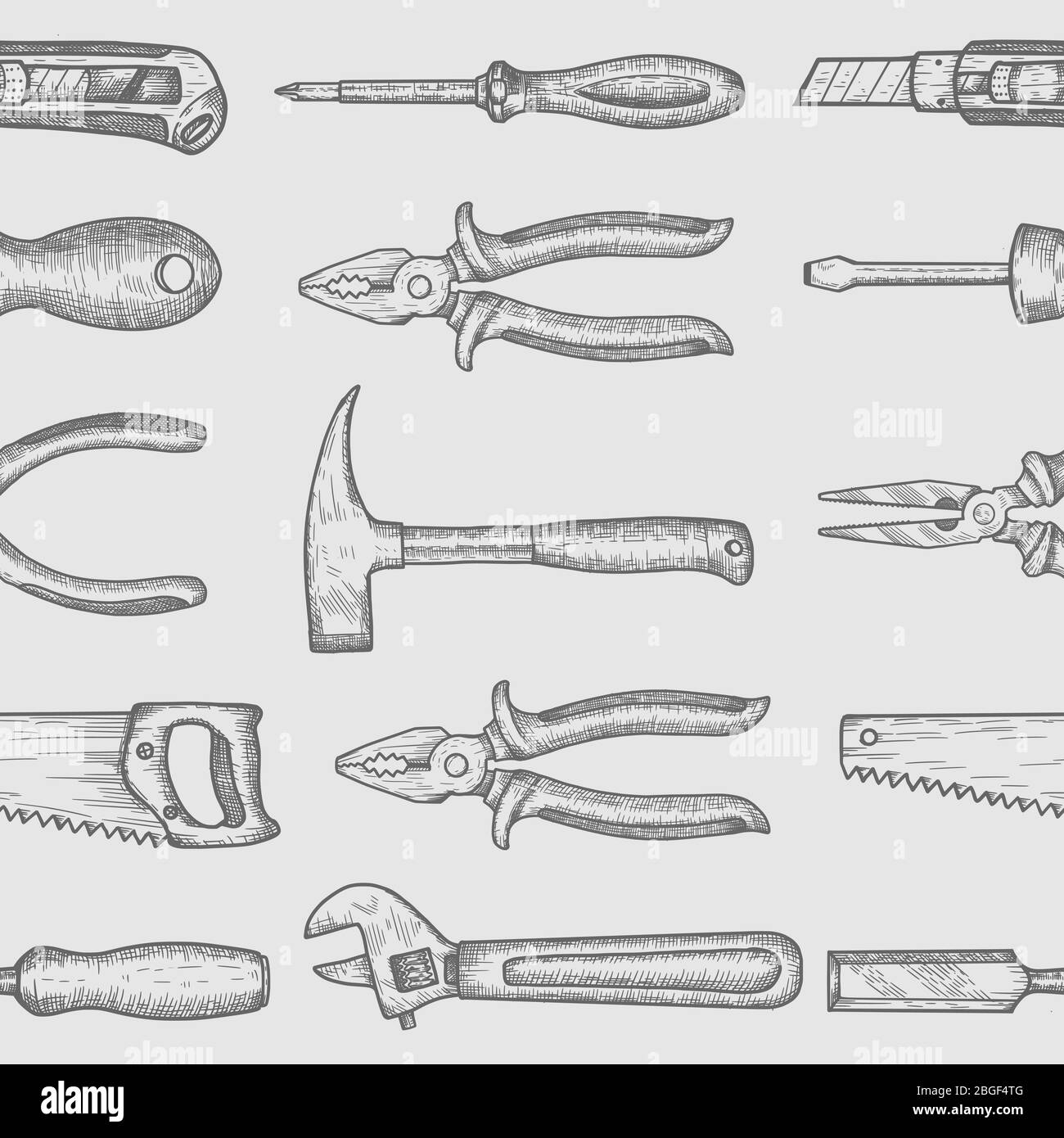 Hand tools seamless pattern. Collection of hand drawn engraved graphic