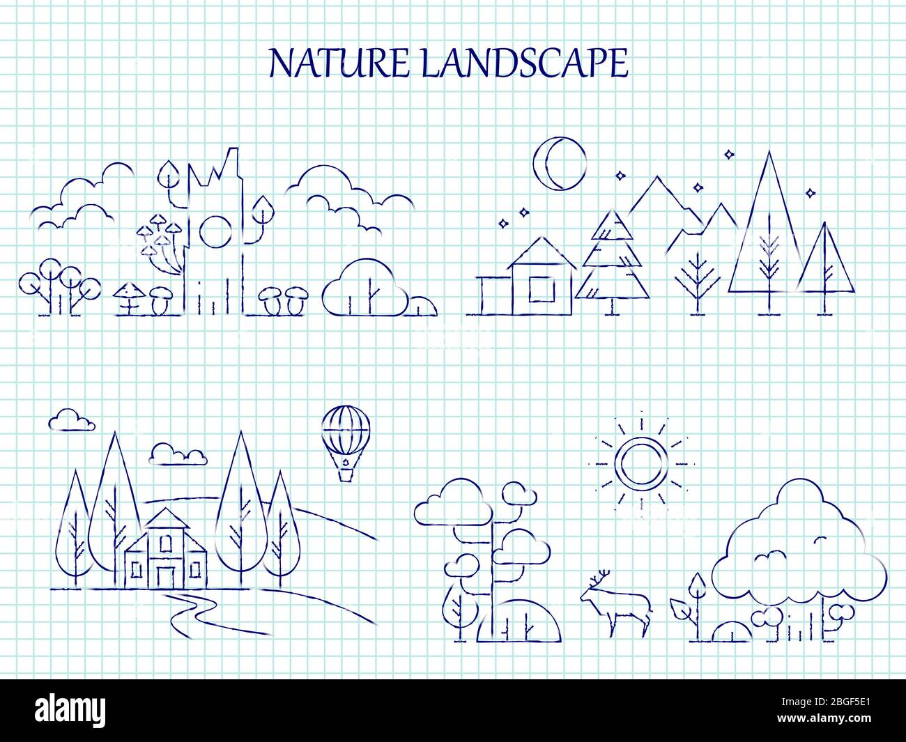 Hand drawn nature landscape line set on page notebook. Vector illustration Stock Vector
