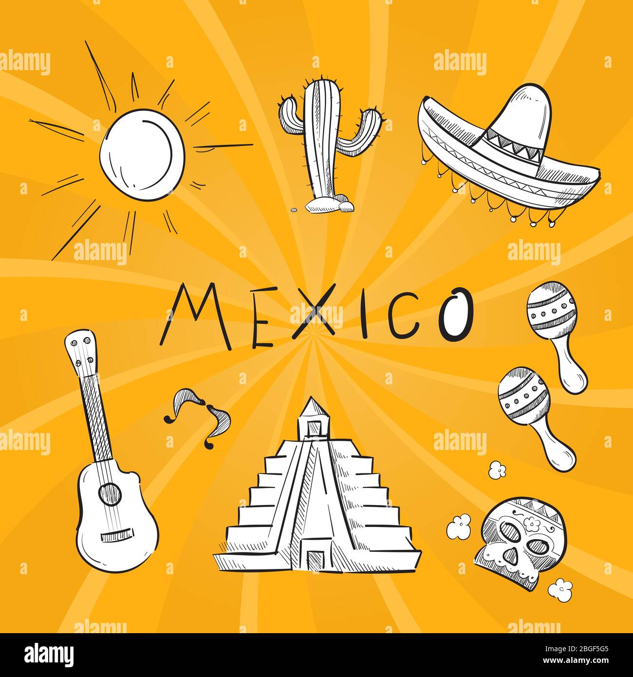 Hand drawn mexico symbol stickers of set. Vector guitar and cactus illustration Stock Vector