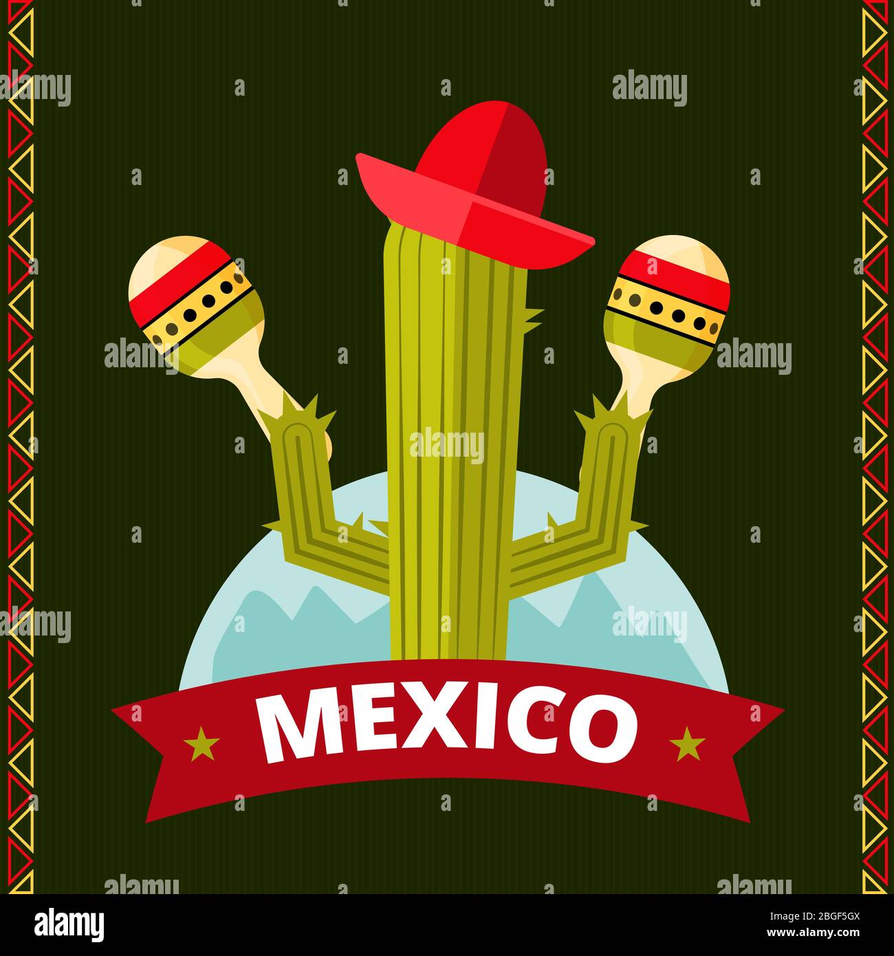 Funny mexican cactus poster design. Sombrero and green plant. Vector illustration Stock Vector