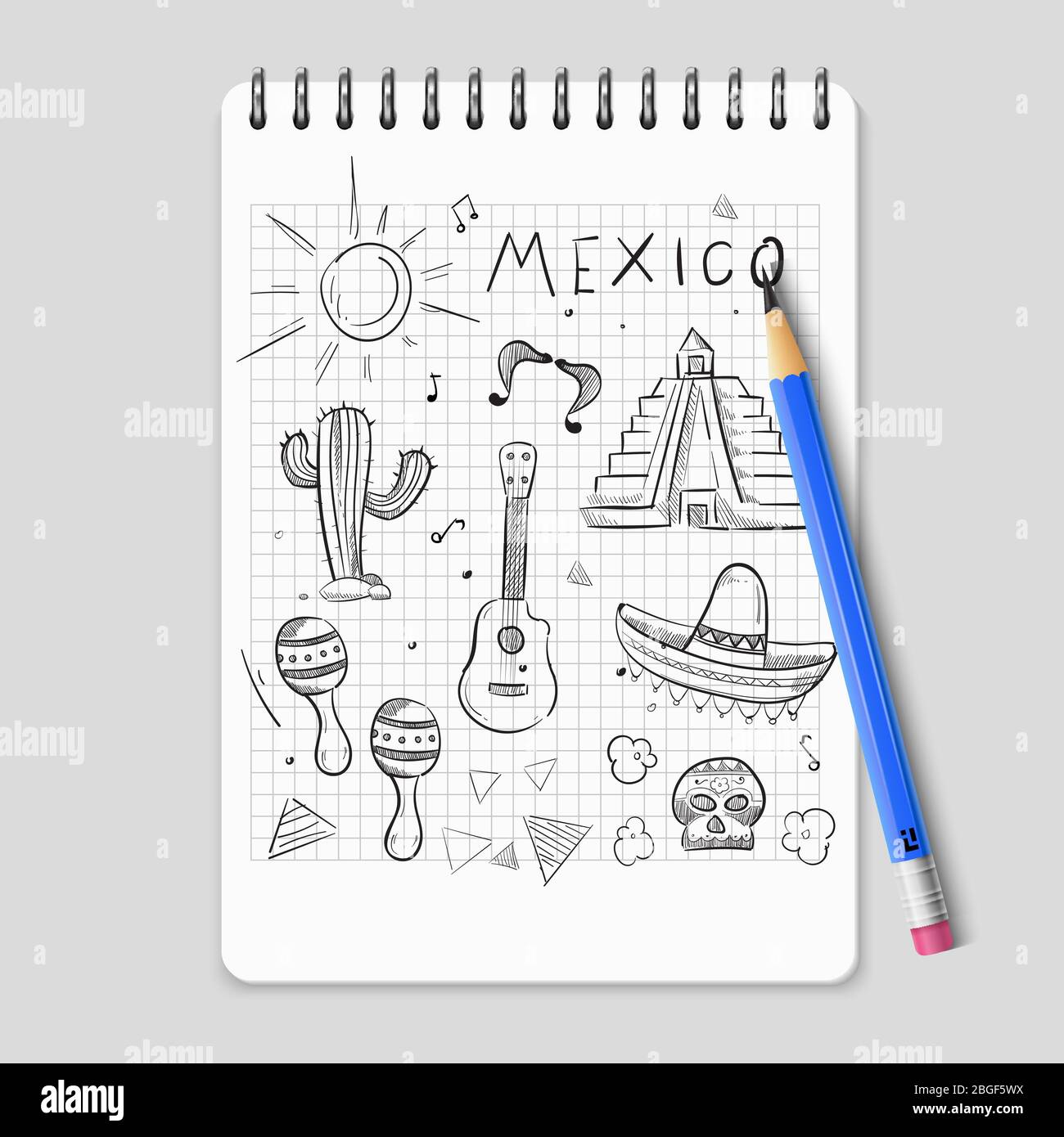 Sketch pencil mexican symbols of set on realistic notebook. Vector illustration Stock Vector