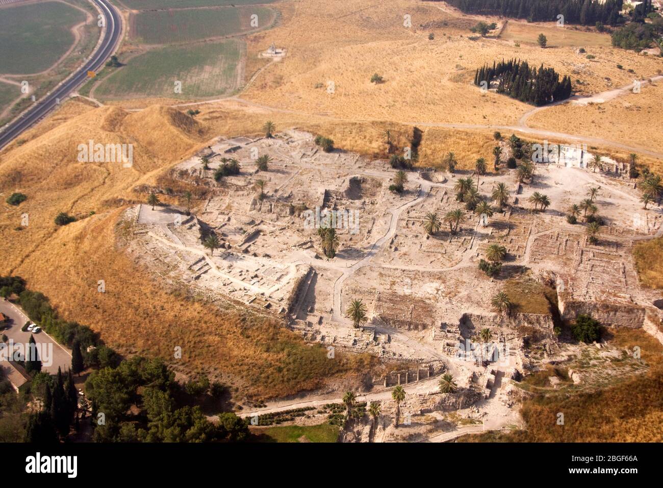 Aerial view of ancient Tel Megiddo Israel, Jezreel (Armageddon) Valley