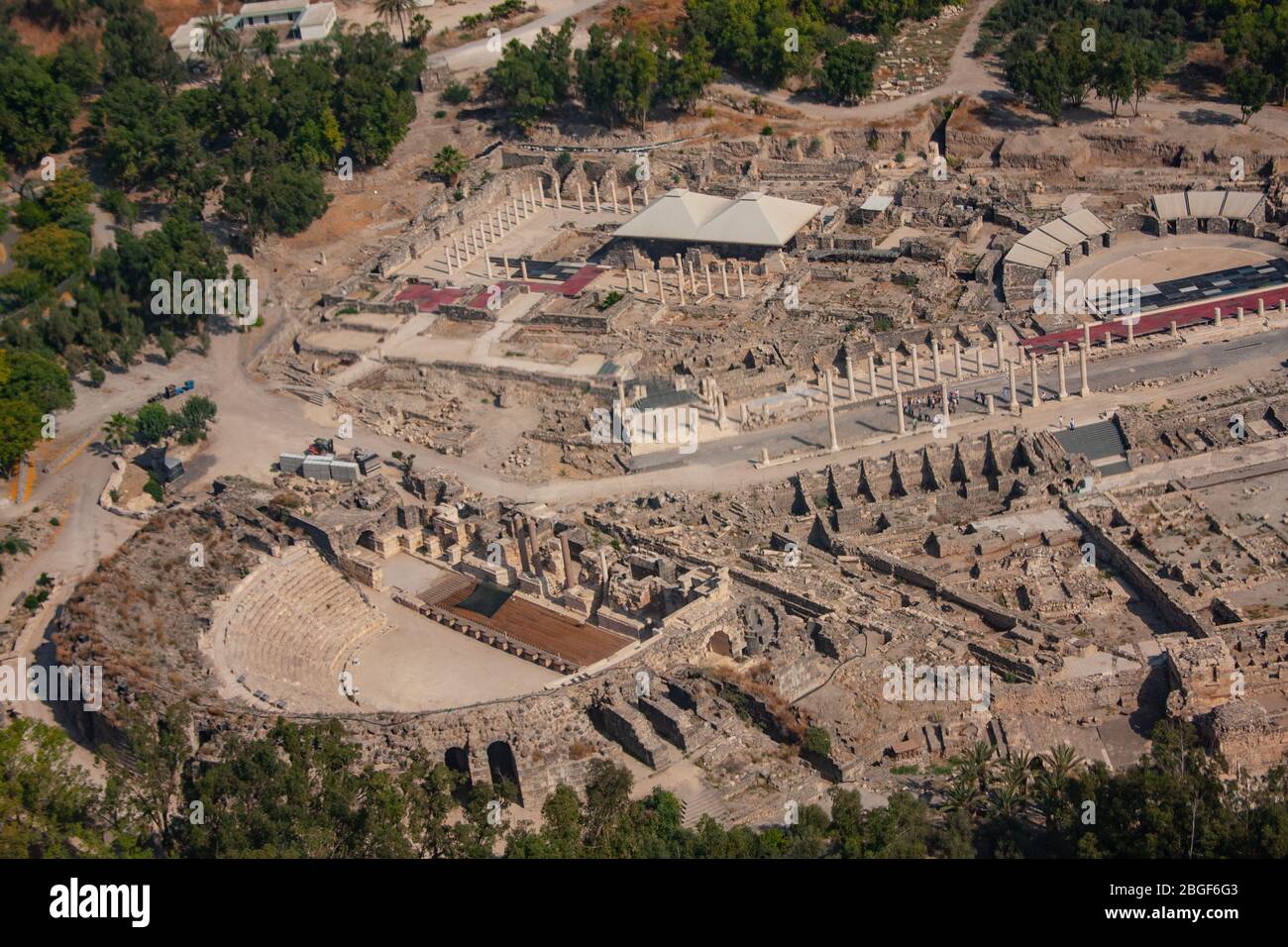 Aerial view of ancient Beit Shean, The Greek / Roman city of Scythopolis. The renovated Roman threatre on the left Stock Photo