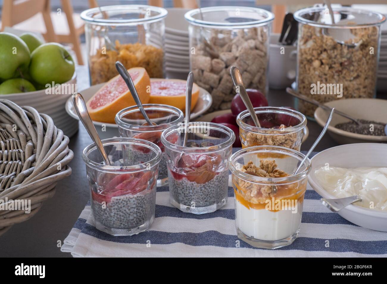 Chia seed and fruit yoghurts on the breakfast buffet at Lancaster Barn B&B in Bay Horse, Lancashire Stock Photo
