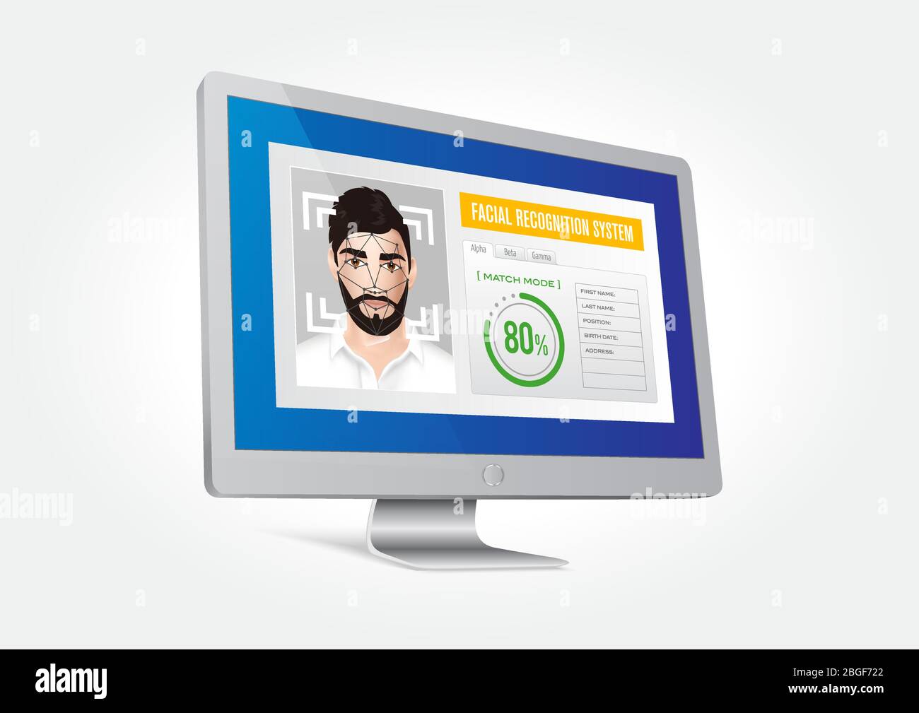 Vector graphics depicting the facial recognition system integrated on the monitor. Identification of the male face. Stock Vector
