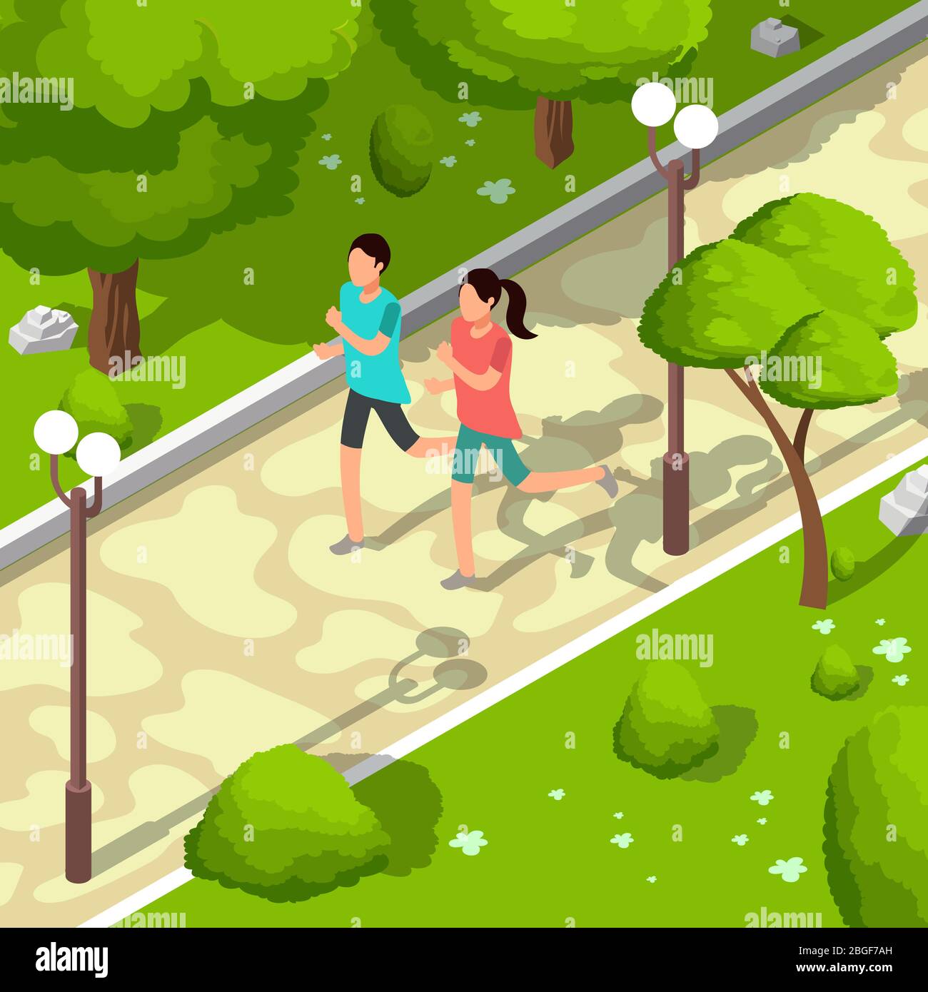 Sport family running in park vector isometric 3d illustration. Healthy lifestyle concept. Sport and fitness outdoor, people run active illustration Stock Vector