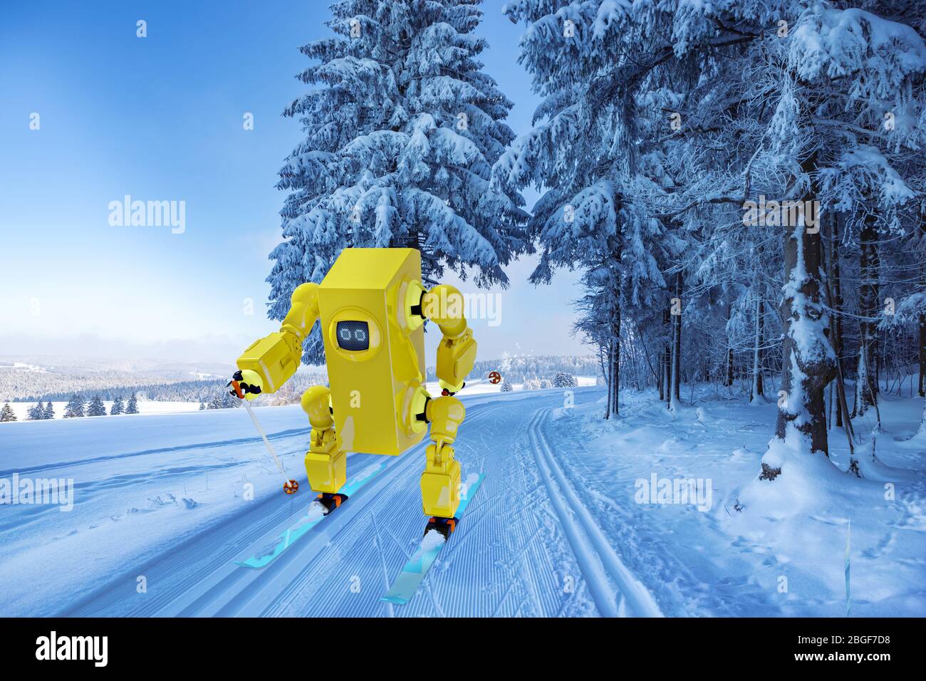 Wintry forest with skiing trail and a robot at skiing Stock Photo
