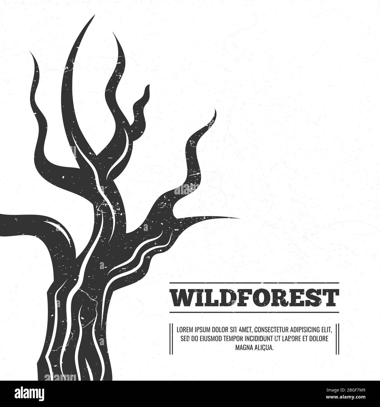Grunge background black white. Wild old tree silhouette vintage poster. Vector illustration Stock Vector