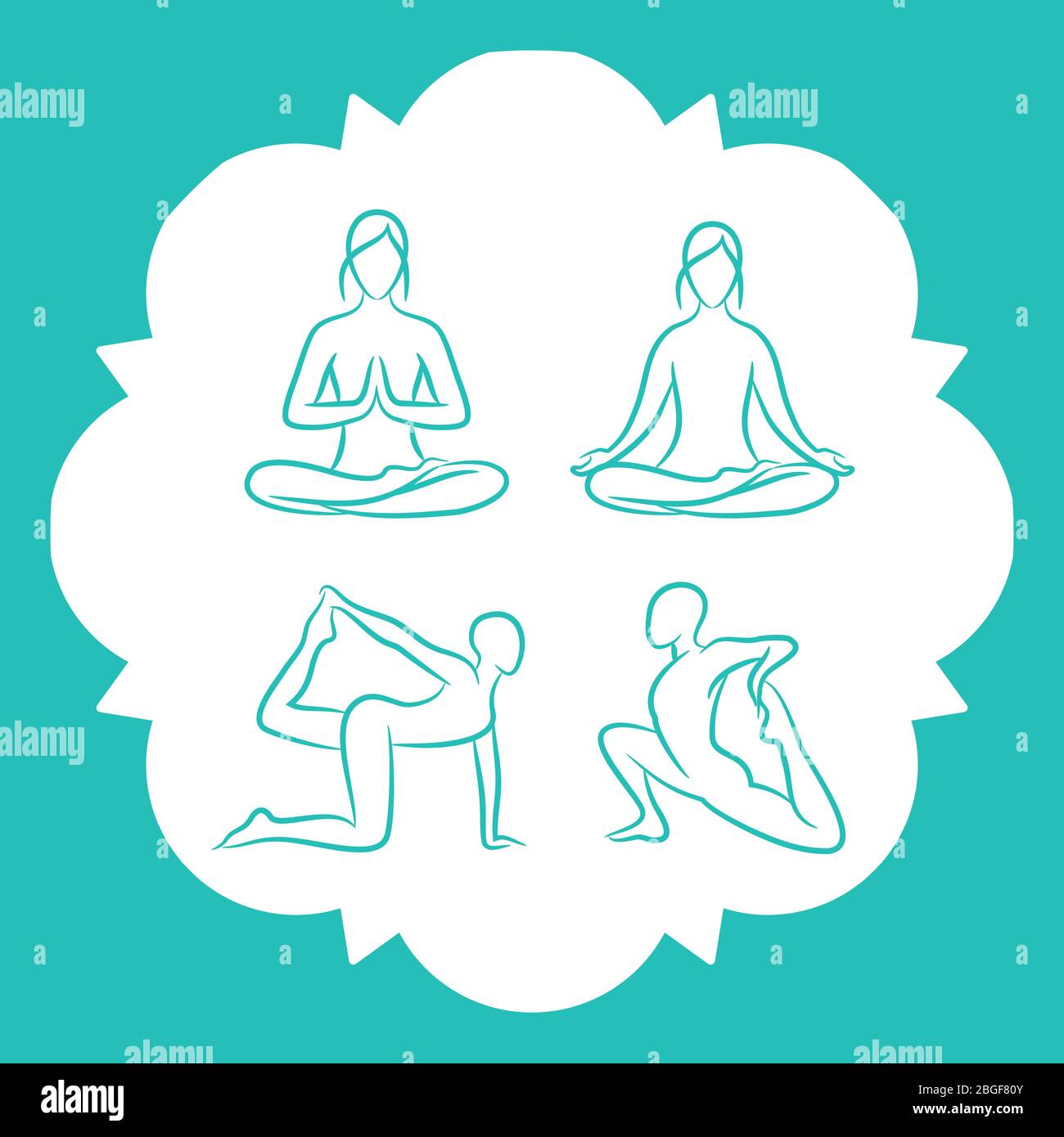 Hand drawn yoga poses vector line silhouettes of set illustration Stock Vector