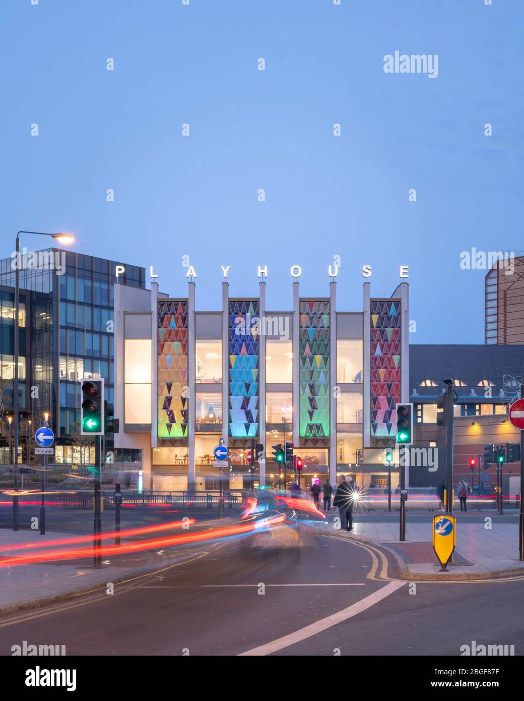 The main entrance at dusk. Leeds Playhouse, Leeds, United Kingdom