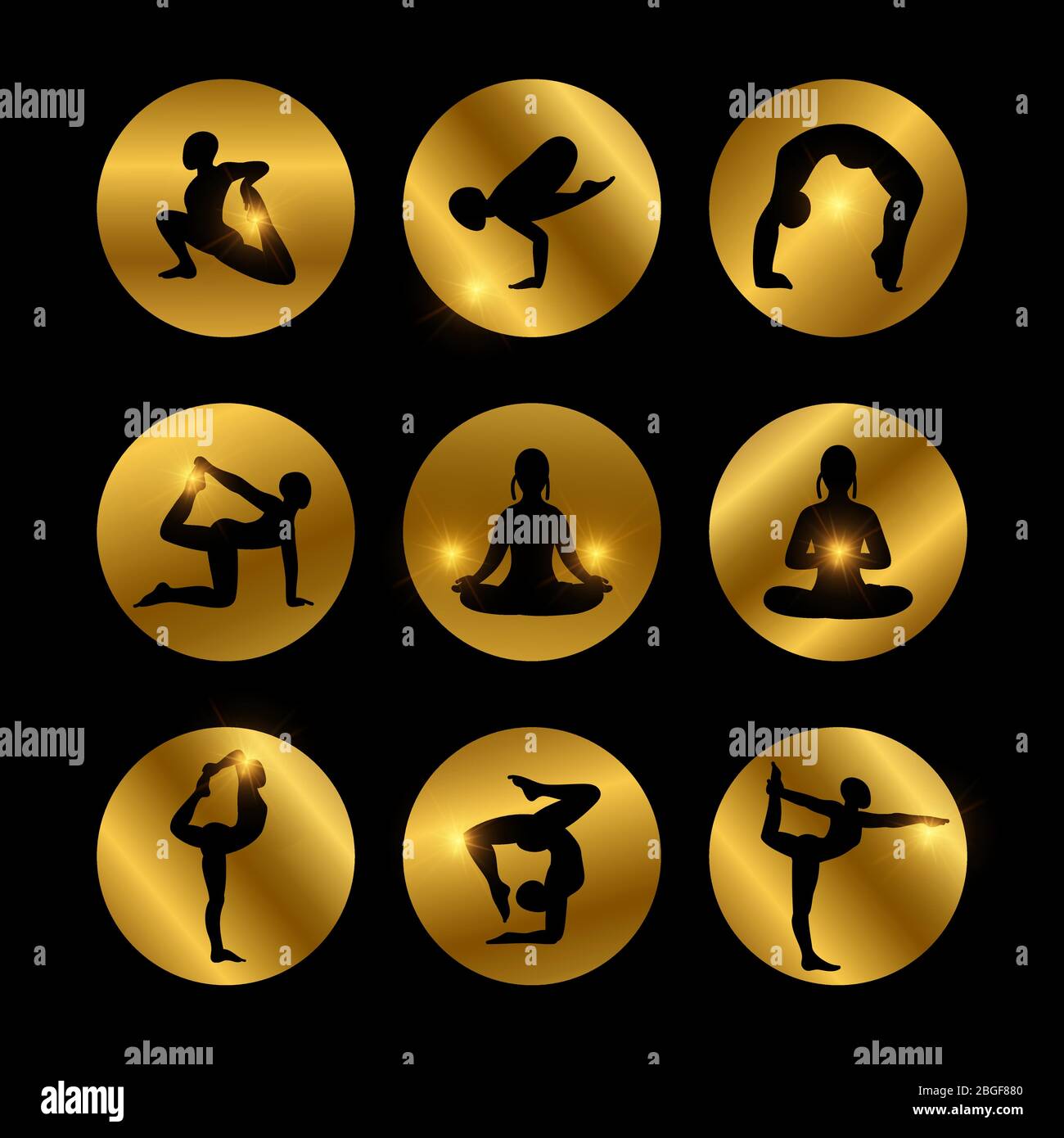 Golden yoga poses icons set with female silhouette isolated on black. Vector illustration Stock Vector