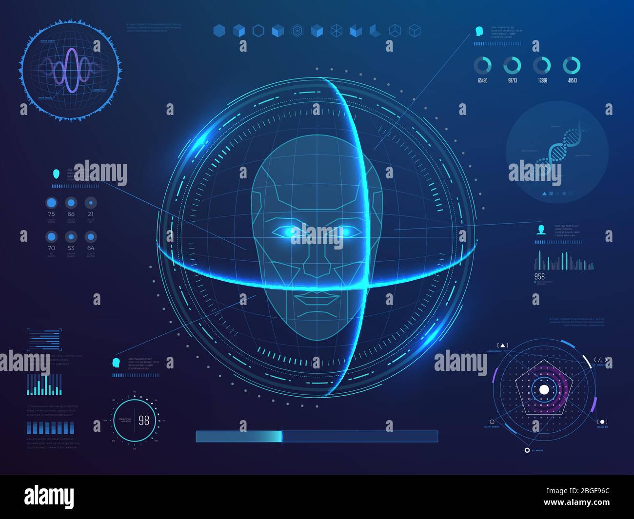 Biometrics Digital Face Scanning Facial Recognition Software With Hud Interface Charts Diagram And Dna Detection Data Vector Concept Illustration Of Scan Face System Sensor Smart Biometric Stock Vector Image Art
