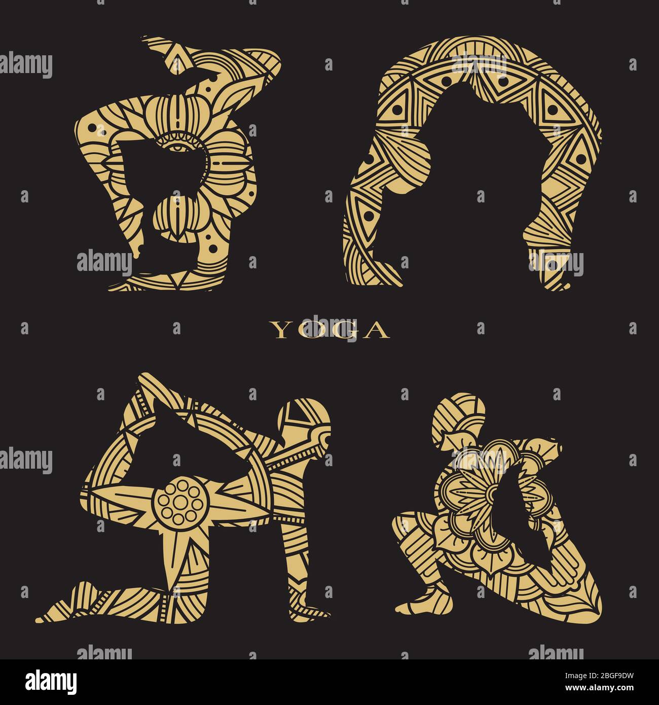 Lace female silhouettes set. Yoga logo elements. Body female yoga, position health and meditation. Vector illustration Stock Vector