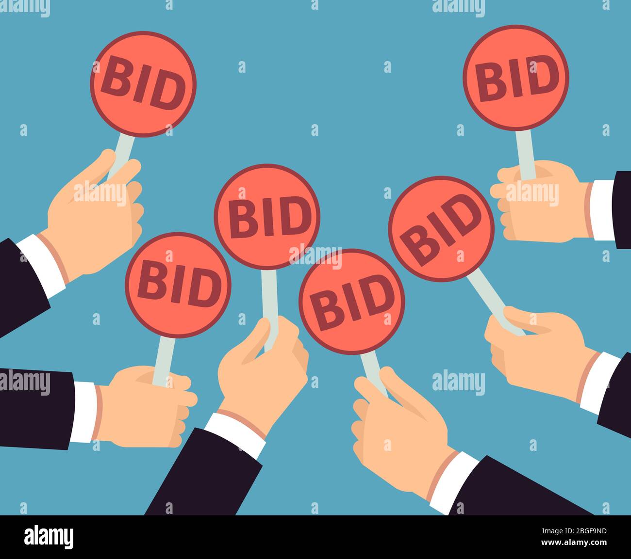 Bidder hands holding auction paddle. Buyer business vector concept. Auction and bidder, business buy auctioning illustration Stock Vector