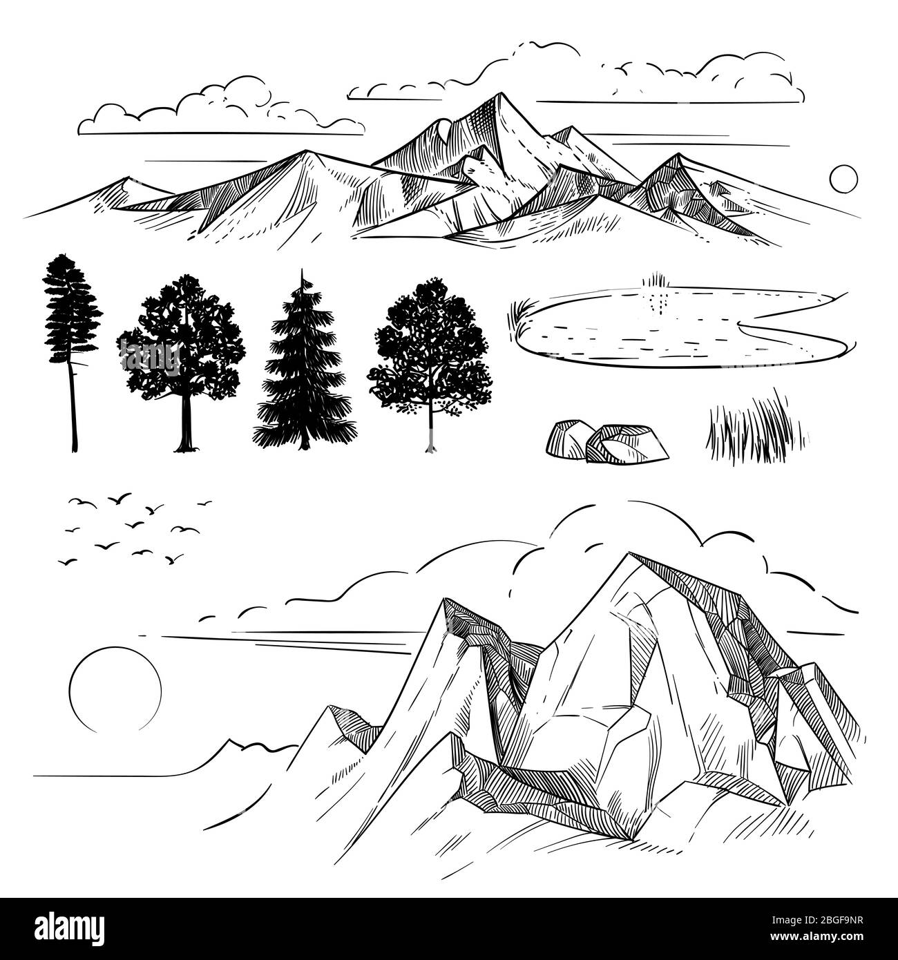 Hand drawing mountain range, peaks clouds, sun and forest trees. Retro mountains and landscape elements isolated etching vector set. Nature landscape, peak and forest, rock and mountain illustration Stock Vector