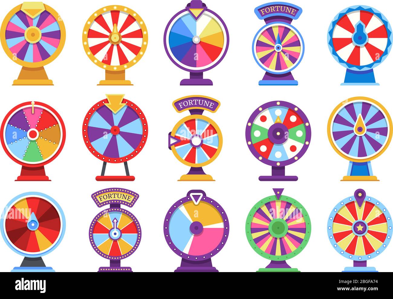 Roulette fortune spinning wheels flat icons casino money games - bankrupt or lucky vector elements. Set of fortune, wheel for casino, success game roulette illustration Stock Vector