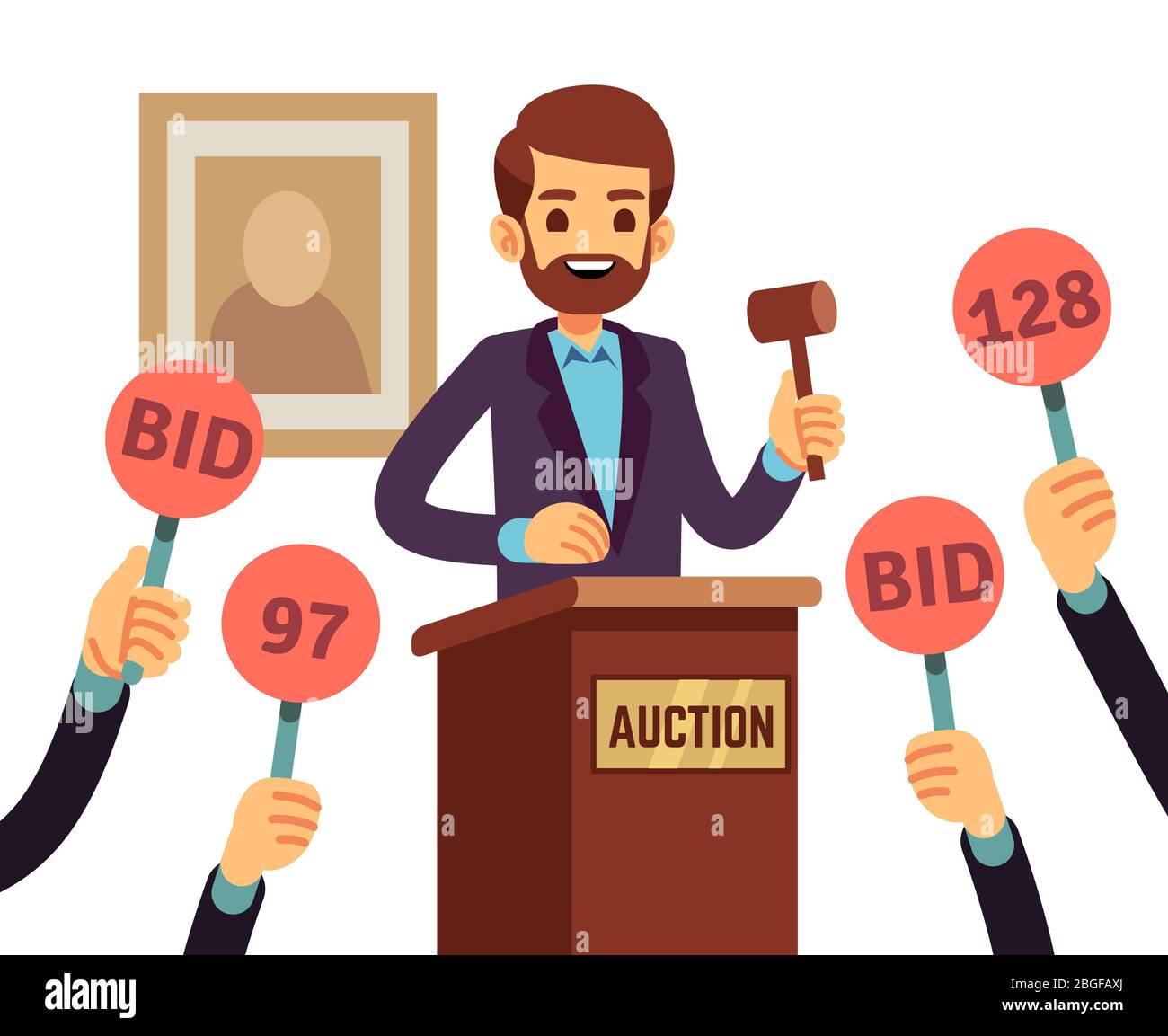 Auction with man holding gavel and people raised hands with bid paddles vector concept. Auction business, bid and sale, trade commercial illustration Stock Vector