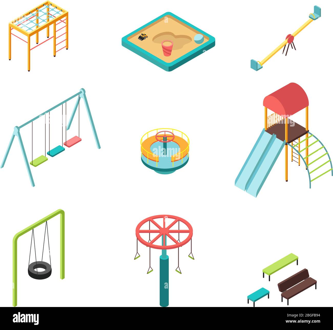 Isometric 3D outdoor kids playground vector cartoon elements isolated. Illustration of slide and swing, ladder and sandpit for playground Stock Vector