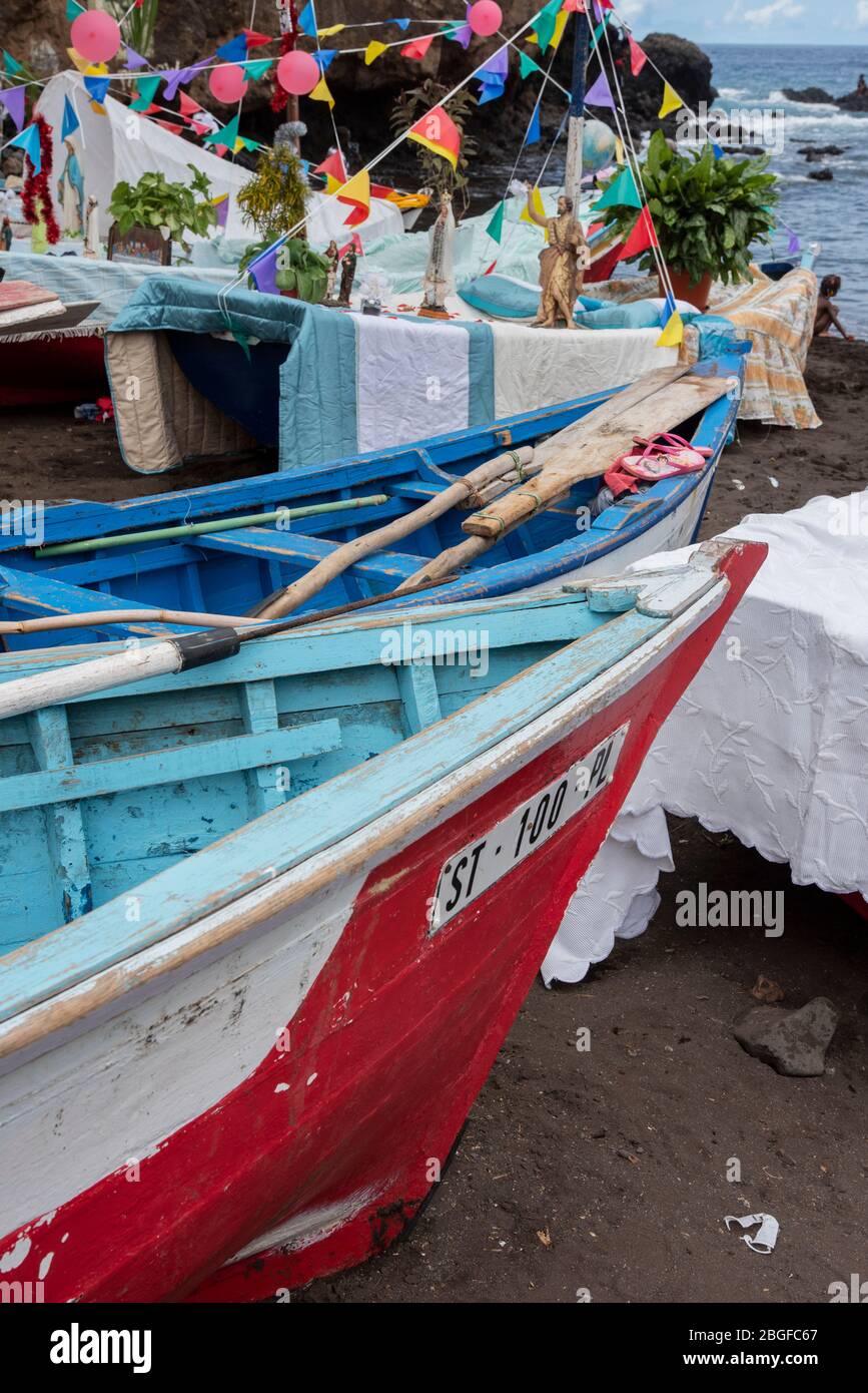 Boats in fishermen's party, Cidade Velha, Cape Verde Stock Photo