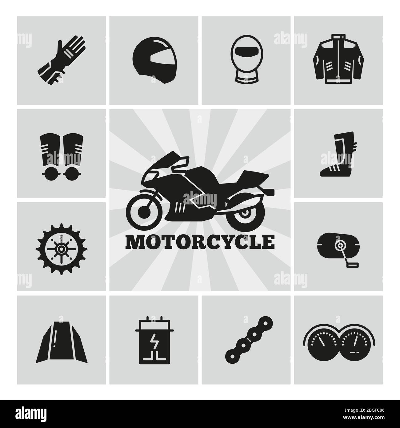 Moto parts motorcycle accessories silhouette icons set. Gear for motorbike.  Vector illustration Stock Vector Image & Art - Alamy
