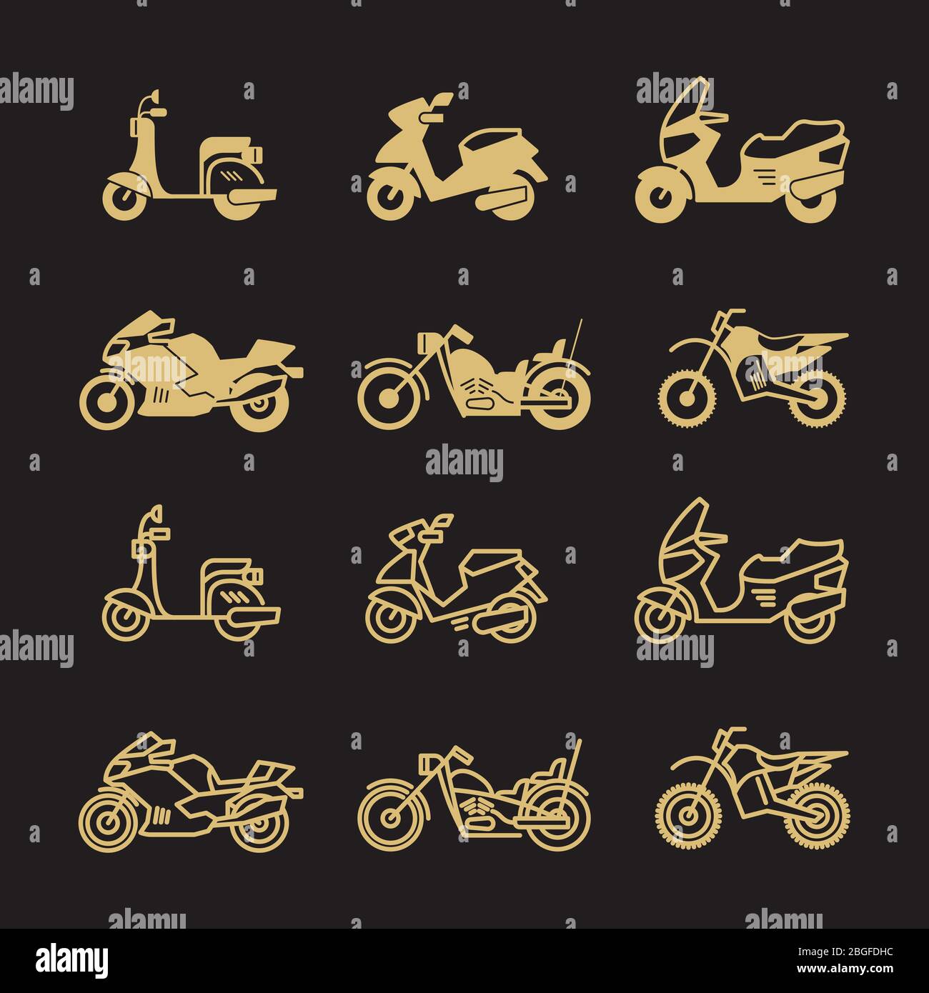 Vintage motorbike and motorcycle icons set isolated on black background. Vector illustration Stock Vector