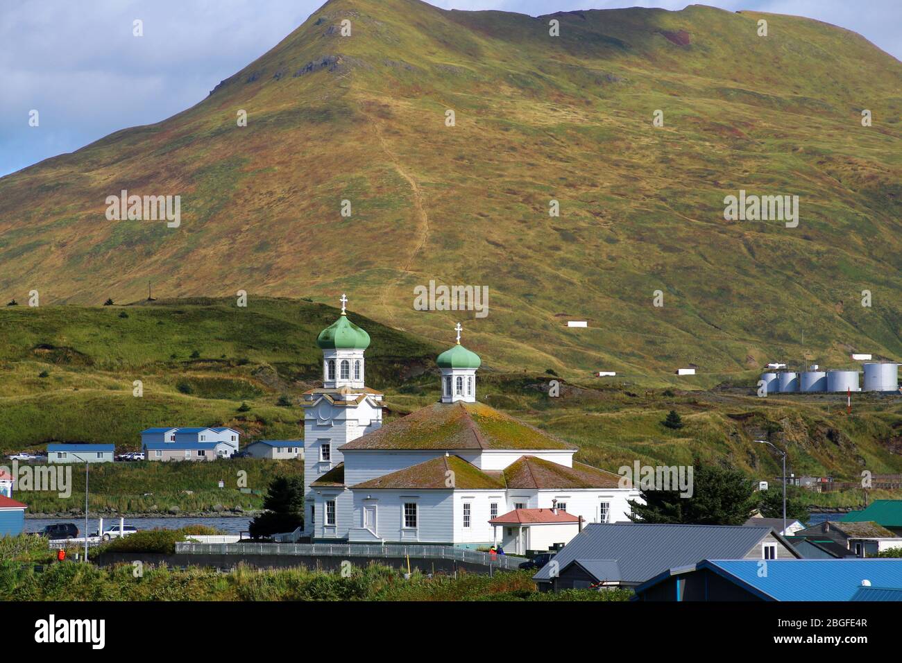 Alaska, view of Dutch Harbor in the centre the Church of the Holy Ascension Stock Photo