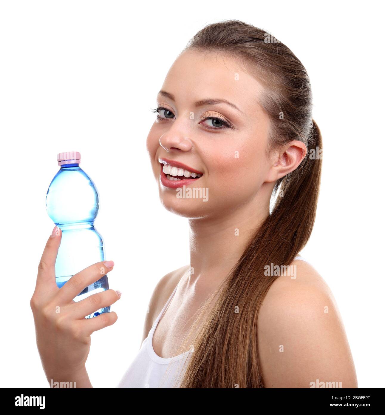 Beautiful girl drinks water, isolated on white Stock Photo Alamy