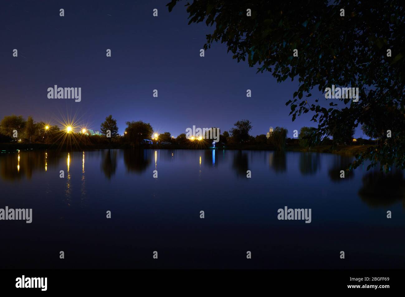 night photography with lake and trees Stock Photo