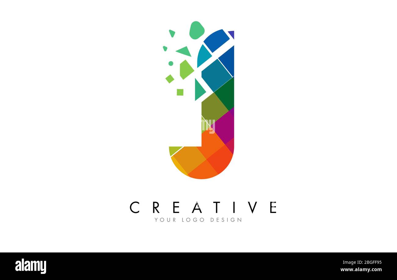 Letter J Design with Rainbow Shattered Blocks Vector Illustration. Pixel art of the J letter logo. Stock Vector