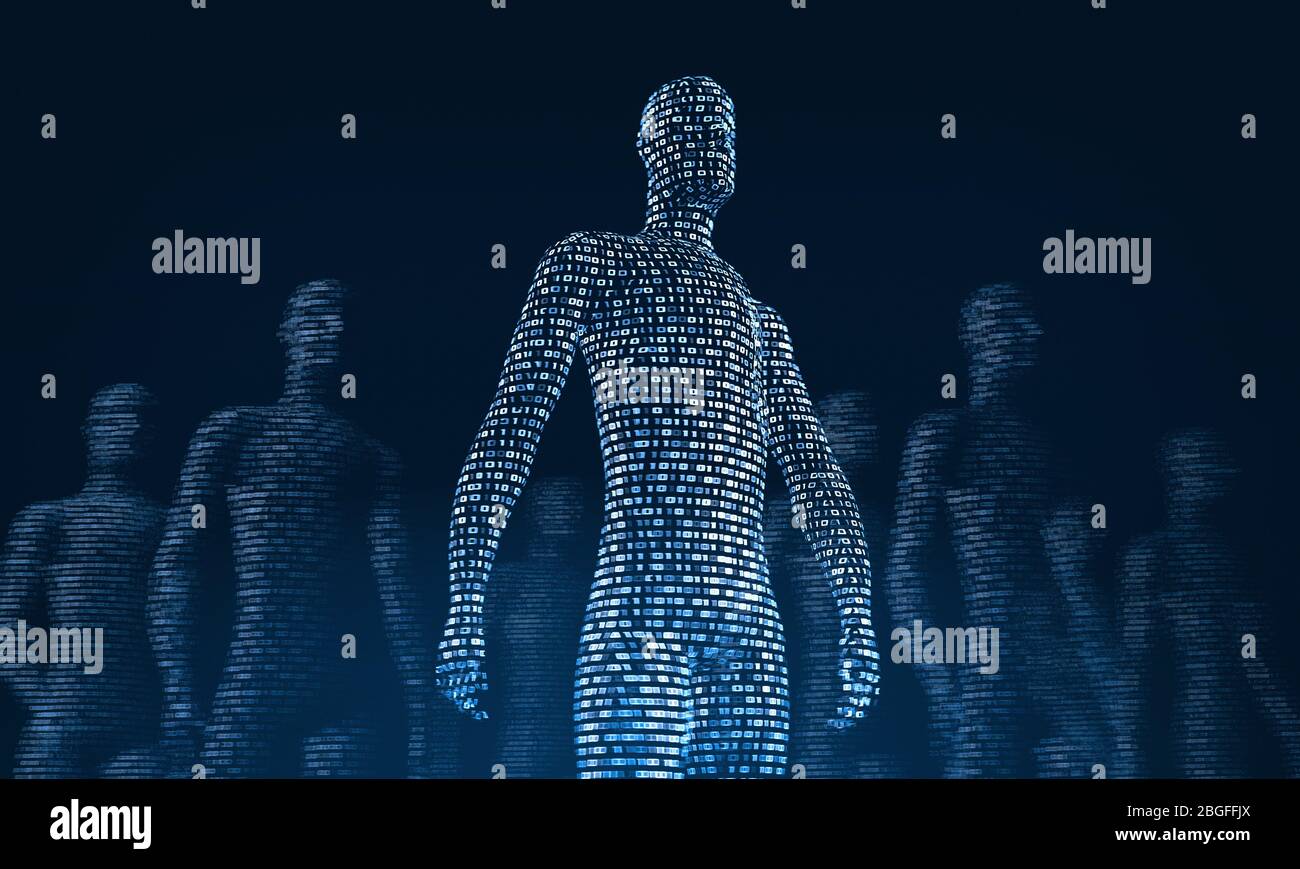 Human bodies made of ones and zeros. The concept of the symbiosis of man and technology. 3d rendering Stock Photo