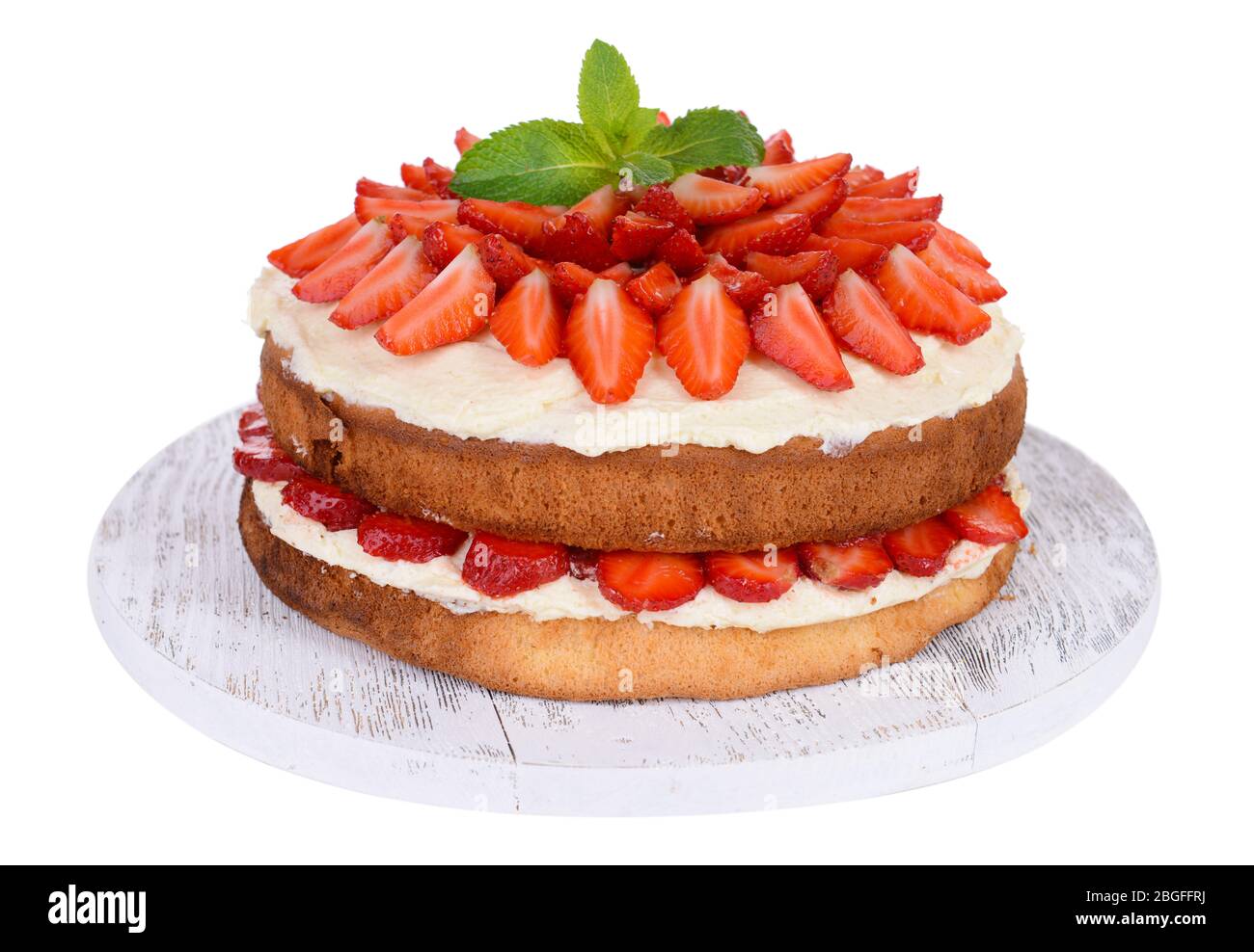 Delicious biscuit cake with strawberries isolated on white Stock Photo ...