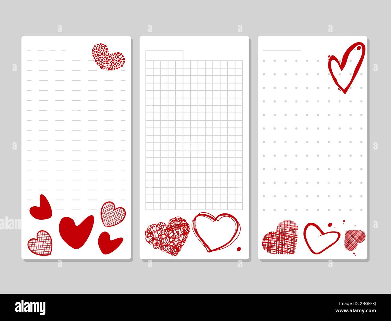 Blocks for notes and lists with hand drawn hearts. List and note on paper with red heart. Vector illustration Stock Vector