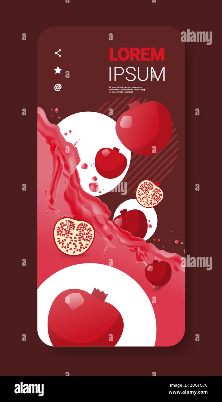 fresh red pomegranate juice liquid splash realistic splashes healthy fruits splashing waves smartphone screen mobile app vertical copy space vector illustration Stock Vector