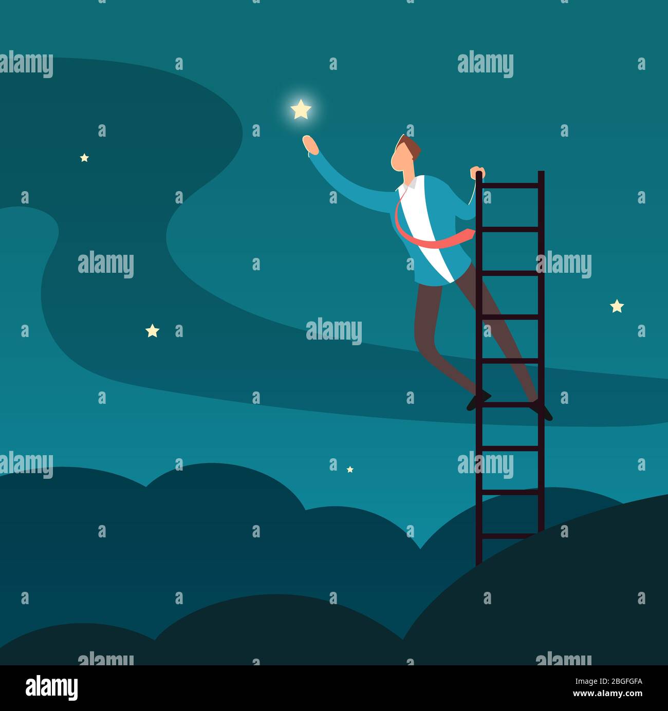 Successful businessman reaching star. Man climbing to stars. Business and career success vector concept. Success career business, illustration of businessman successful Stock Vector