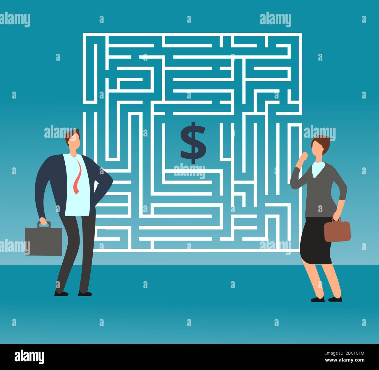 Confused businessman thinking how to pass out maze and get money. Teamwork and career vector concept. Solution maze and strategy, challenge and problem, business labyrinth illustration Stock Vector