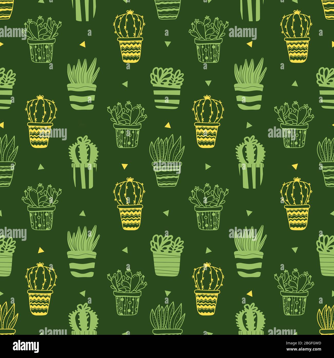 Green seamless pattern with potted plants cactuses and succulents in ...