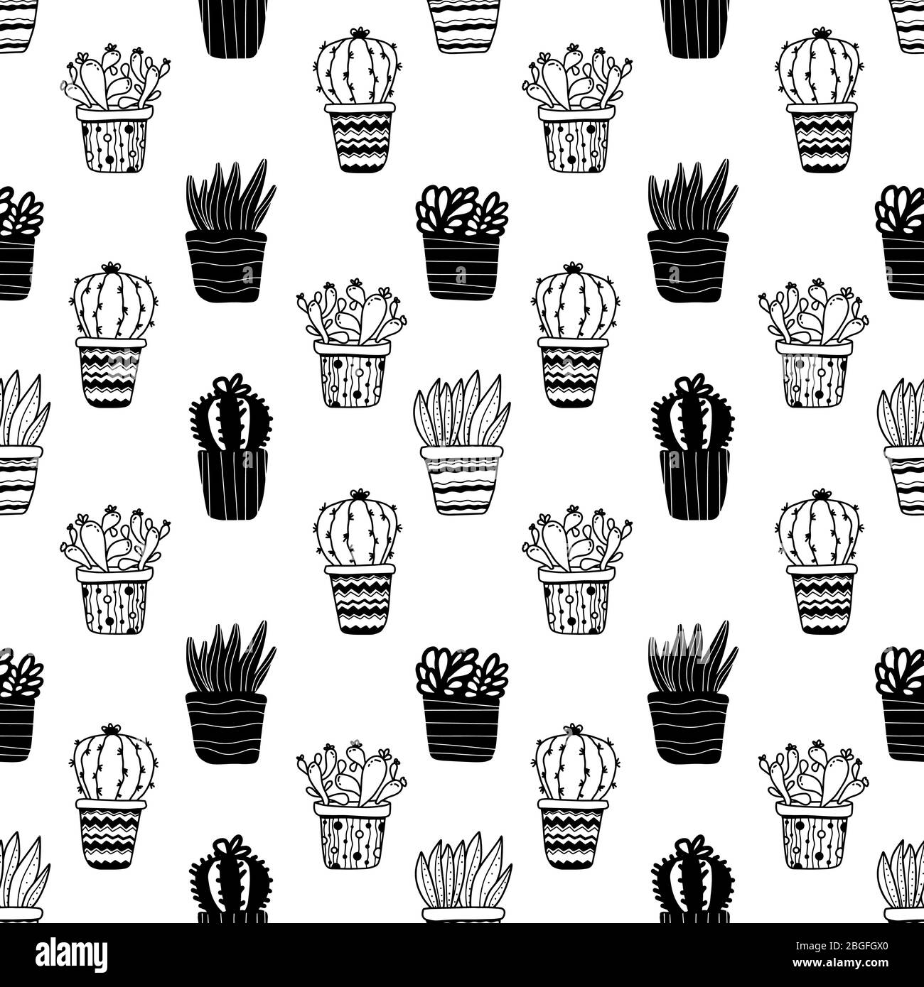 Seamless pattern with potted plants cactuses and succulents in doodle ...