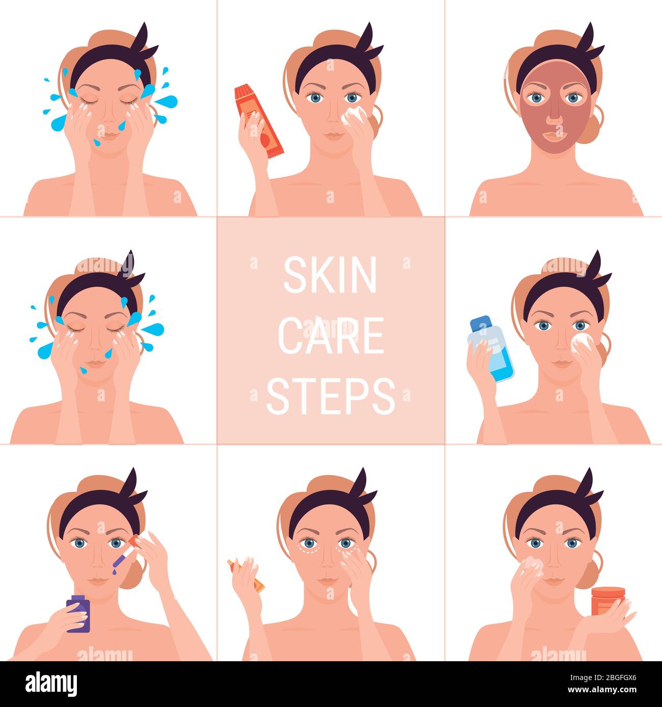 girl cleaning removing make up washing and care her face steps of