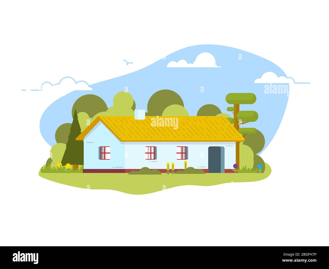 Old house in village. White clay house with straw roof and small windows on nature background in countryside. Traditional ukrainian home, surrounded b Stock Vector