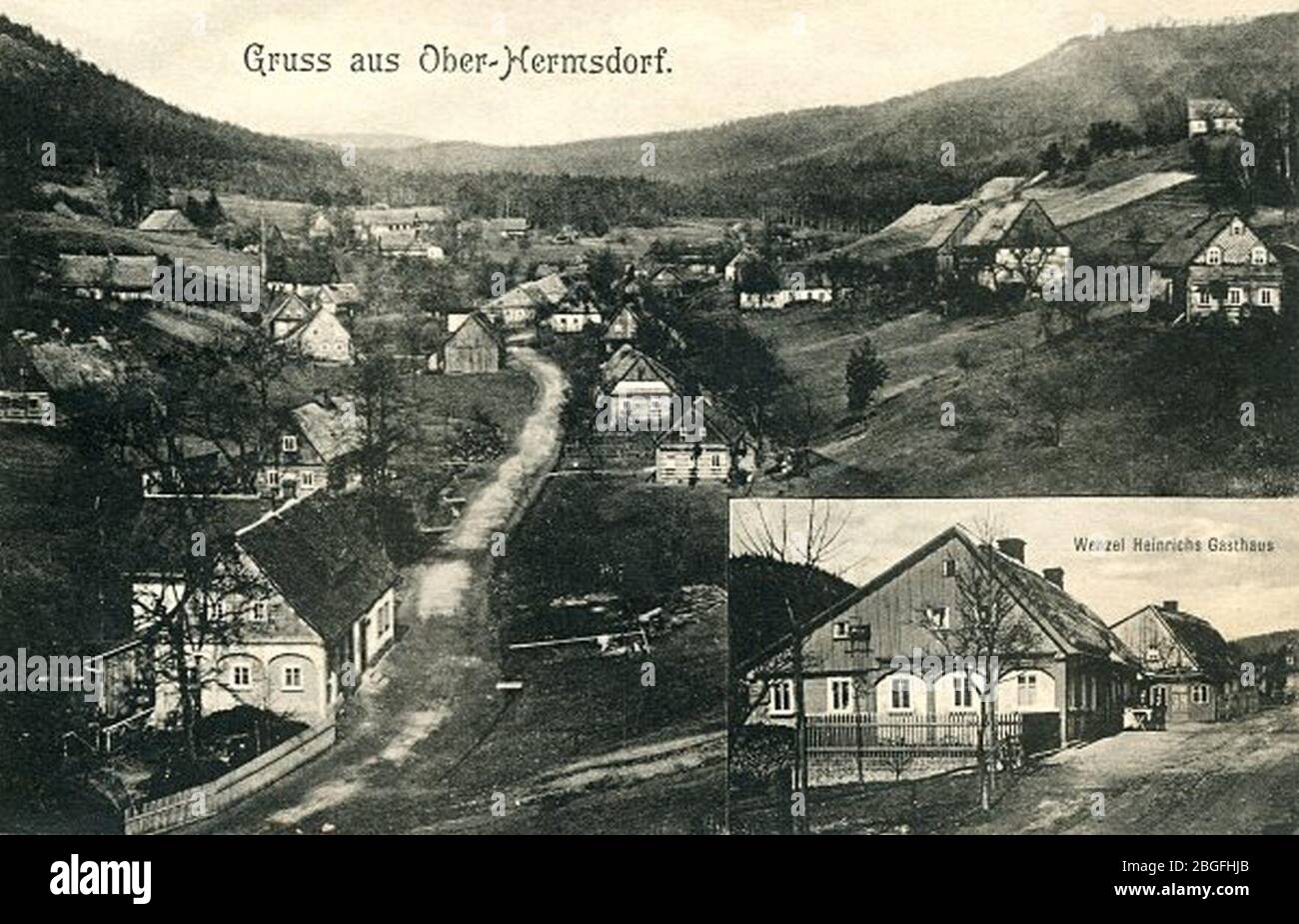 Heřmanice v Podještědí - domky v horní části ve výřezu Heinrichův hostinec h06. Stock Photo