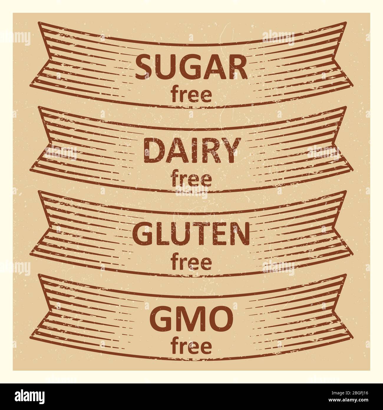 Vintage style gluten free, sugar free, dairy free, gmo free banners design. Vector illustration Stock Vector