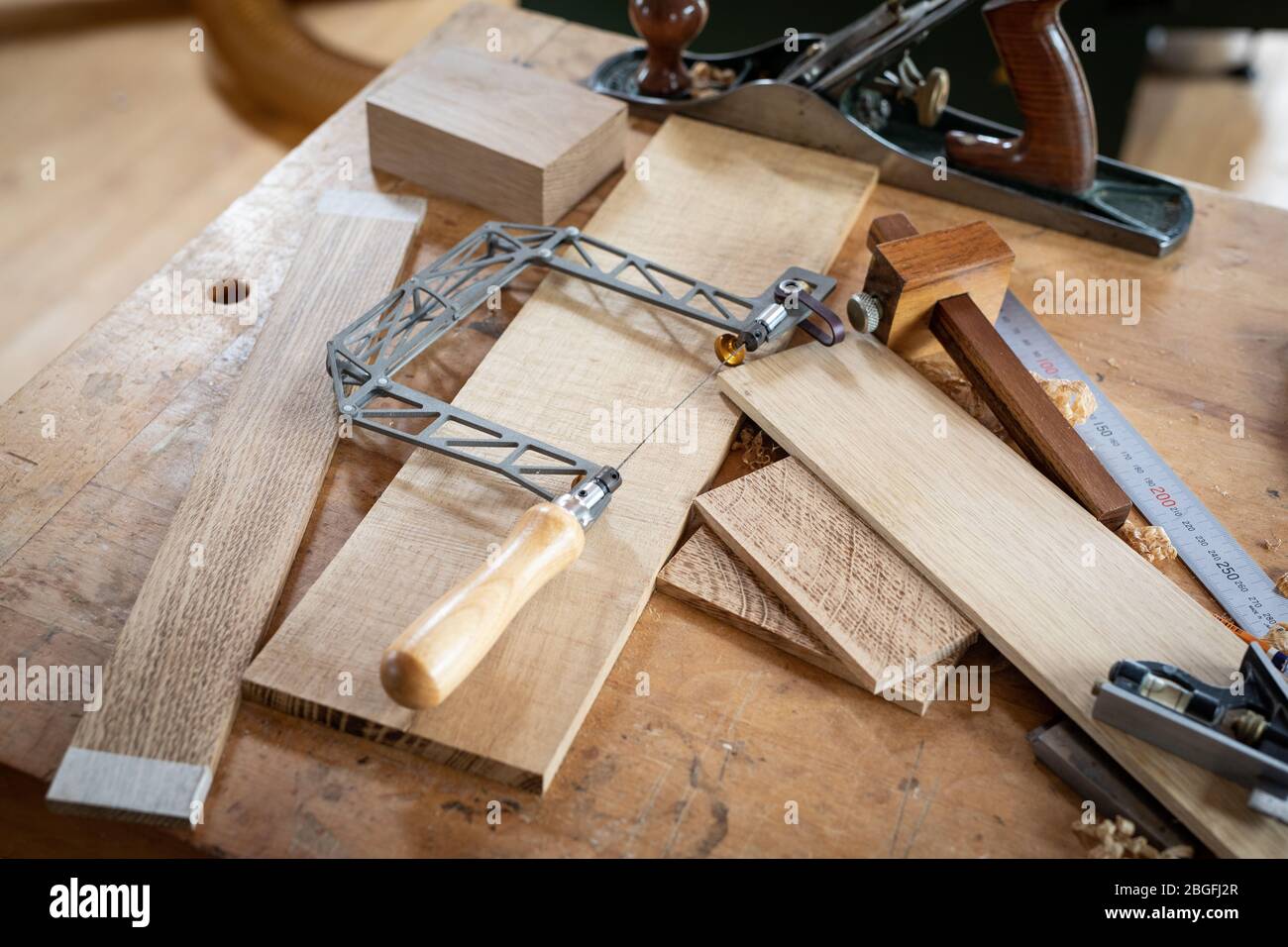 Carpentry tools on a workbench. Stock Photo