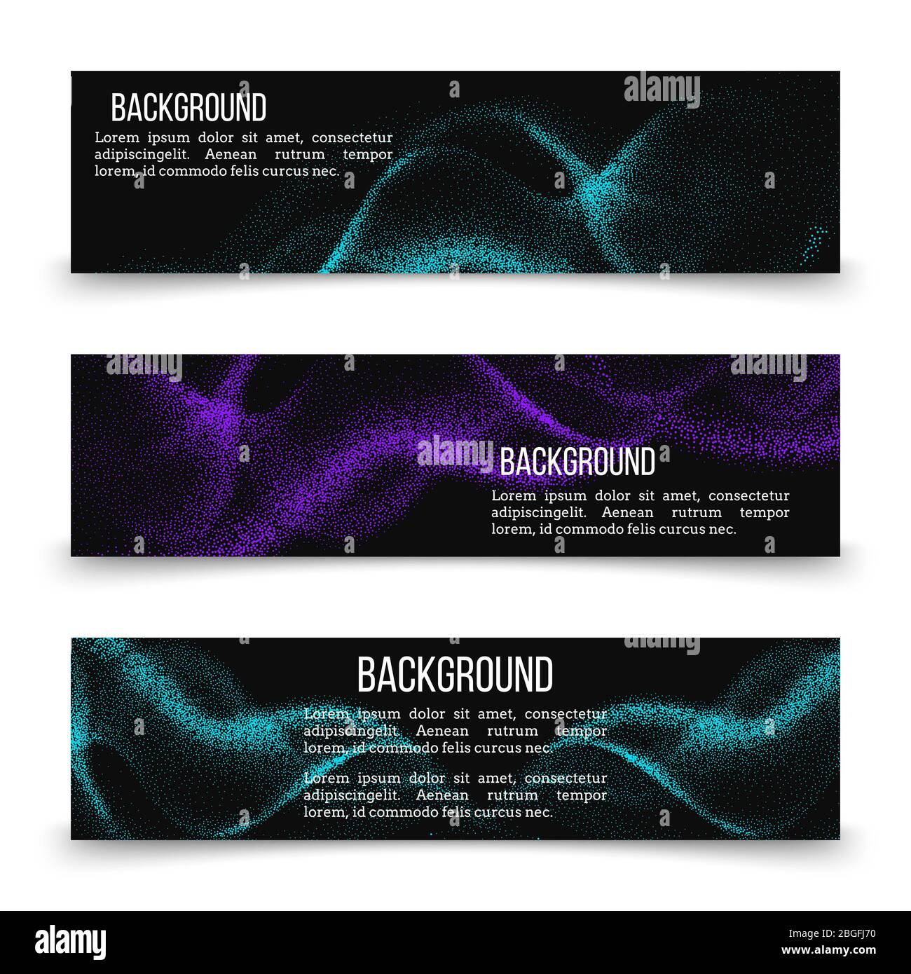 Horizontal banner templates with digital flow wave with particles in motion. Vector wave, flow bright chaos, visualization futuristic illustration Stock Vector