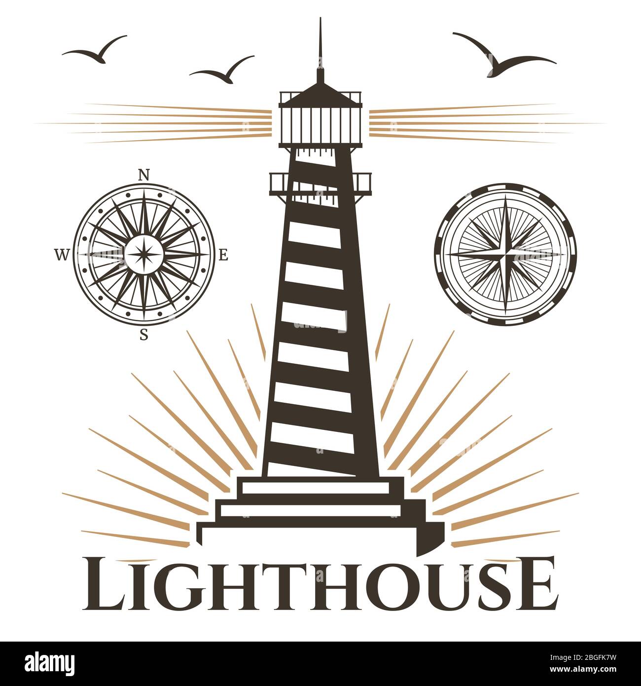 Sea nautical lighthouse and vintage compasses emblem and logo label. Vector illustration Stock Vector