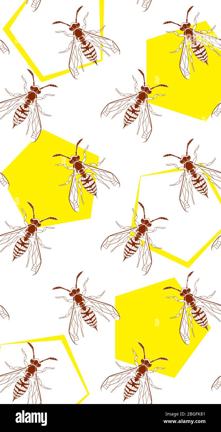 Wasp insect geometric vertical seamless wallpaper. Dangerous yellow bugs cover on white backdrop. Vector Bumblebee drawing mobile banner. Wild Nature graphic print. Stock Vector