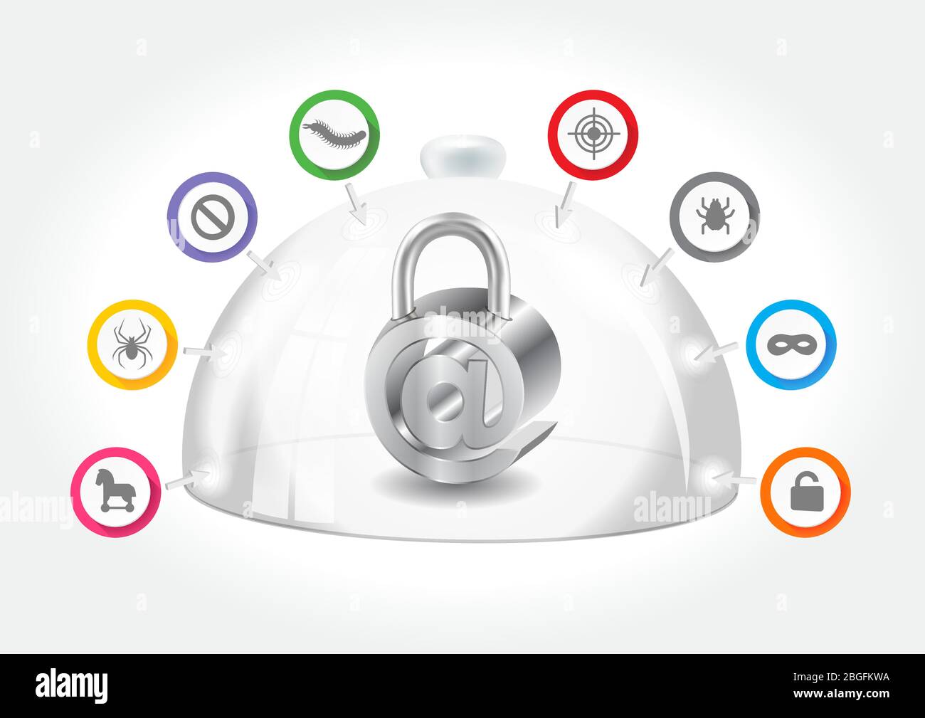 A protected email under a glass dome against cyber attacks from the internet. Stock Vector